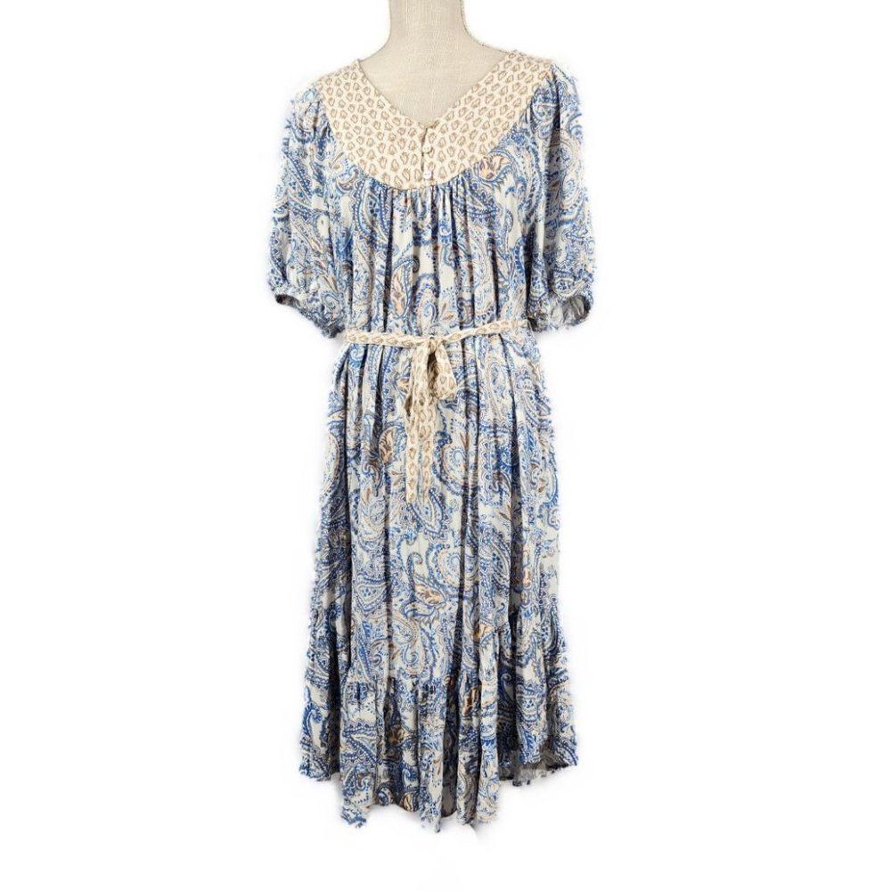 Lucky Brand M Puff Sleeve V Neck Western PeasantβBlue Paisley Rayon Midi Dress